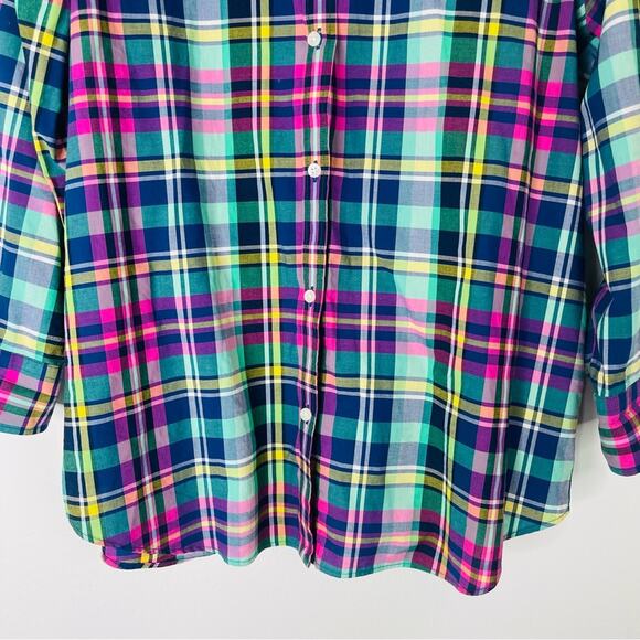 Chaps pink blue green plaid preppy coastal button front top large - Picture 3 of 6